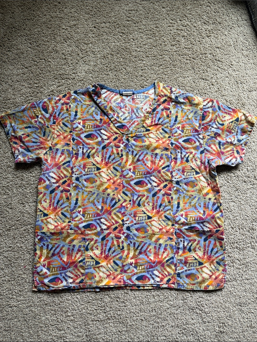 Scrub Top- Rainbow Abstract Print V-Neck Short Sleeve
